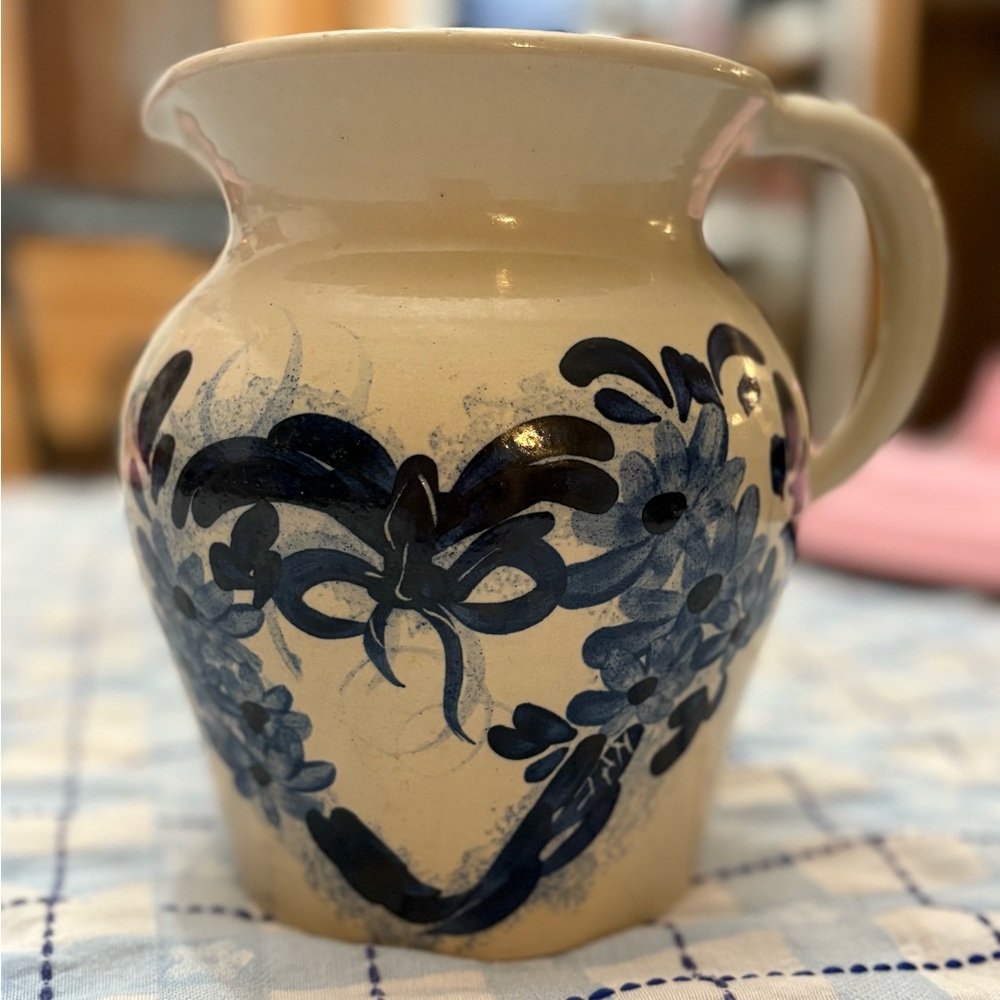 Vintage Hand crafted Ceramic Pitcher with Blue Floral Design Casey Pottery